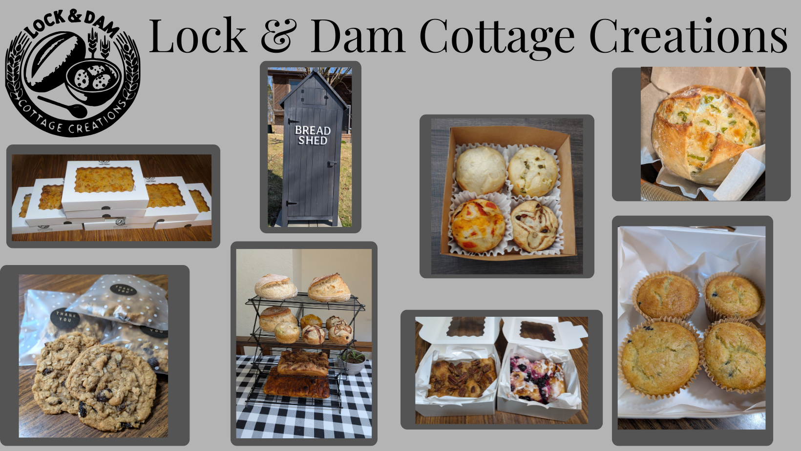 Collage of Lock and Dam Cottage Creations breads and baked goods